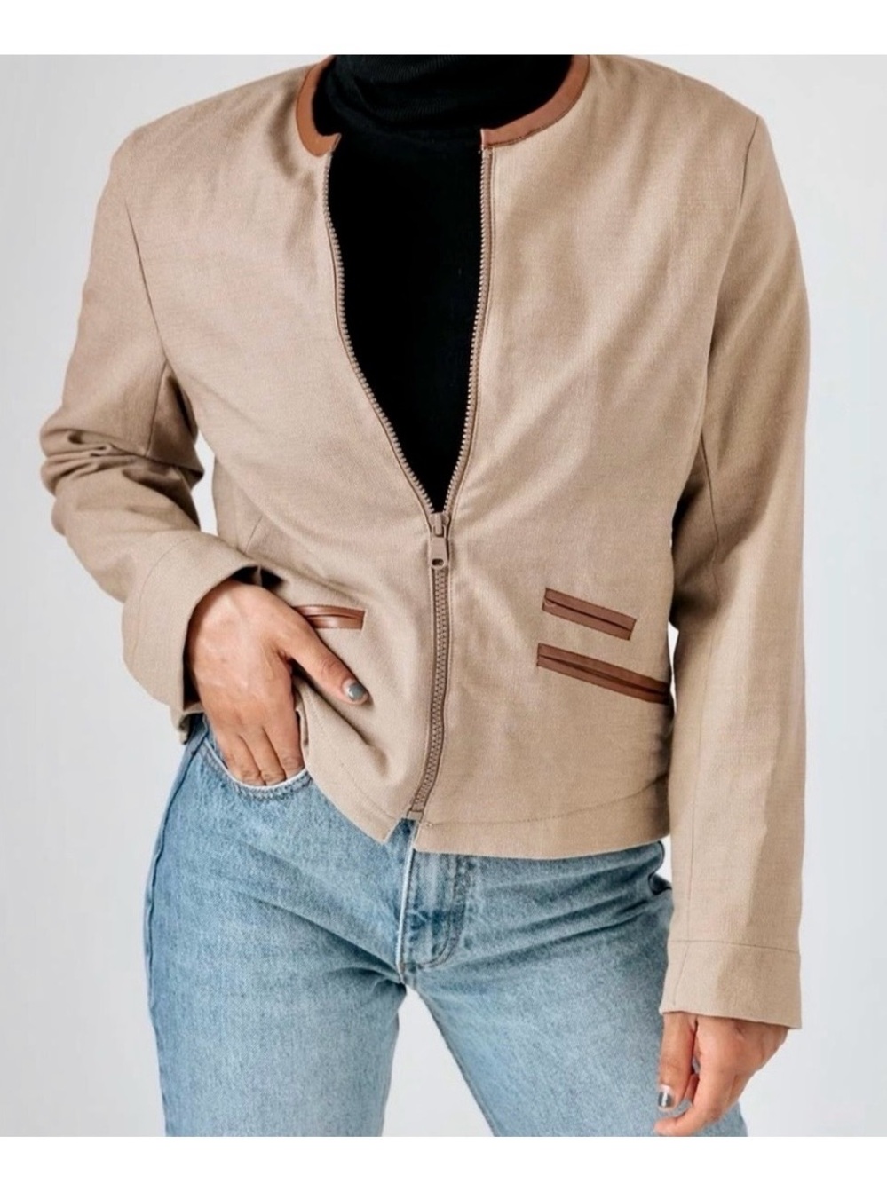 GAP Beige Bomber Jacket with Brown Trim